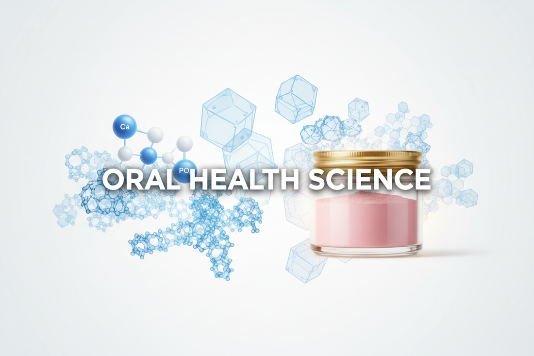 Scientific illustration of hydroxyapatite crystal forming on silica scaffold with elegant tooth powder jar, clinical white and blue tones