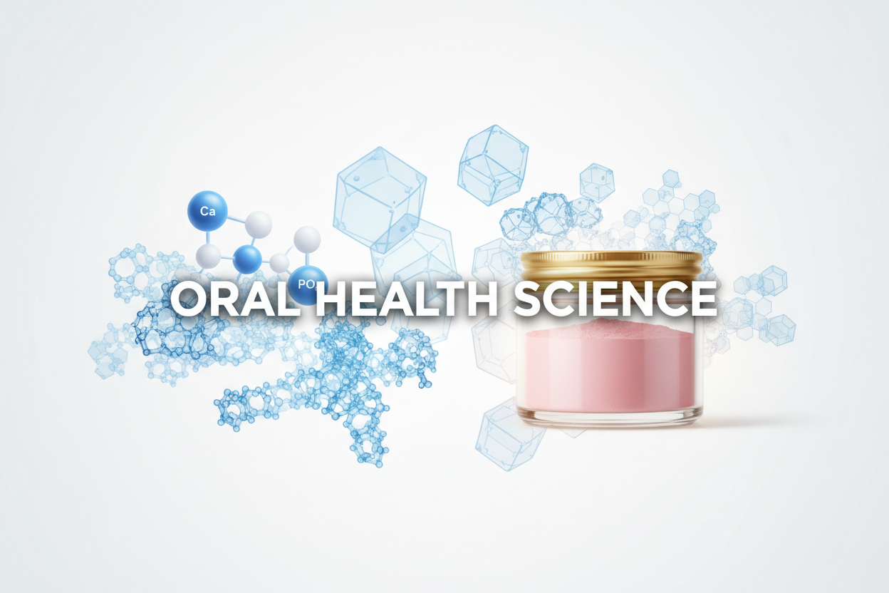 Scientific illustration of hydroxyapatite crystal forming on silica scaffold with elegant tooth powder jar, clinical white and blue tones