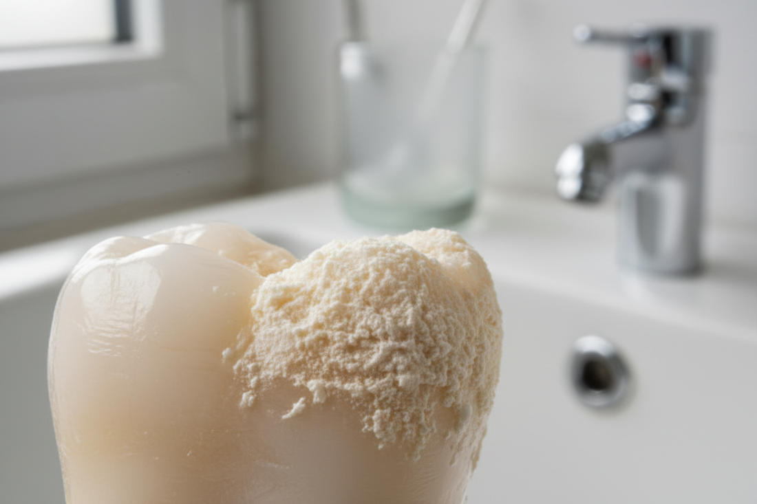 Close-up of a healthy human tooth surface with a dry, grainy layer of dental plaque (oral biofilm), under soft natural light, in a clean bathroom setting.