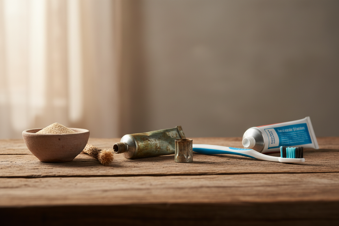 Still-life of historical oral hygiene tools on a wooden table, including a bowl of tooth powder, a twig cleaning stick, an old metal toothpaste tube, and a modern toothbrush with toothpaste. 