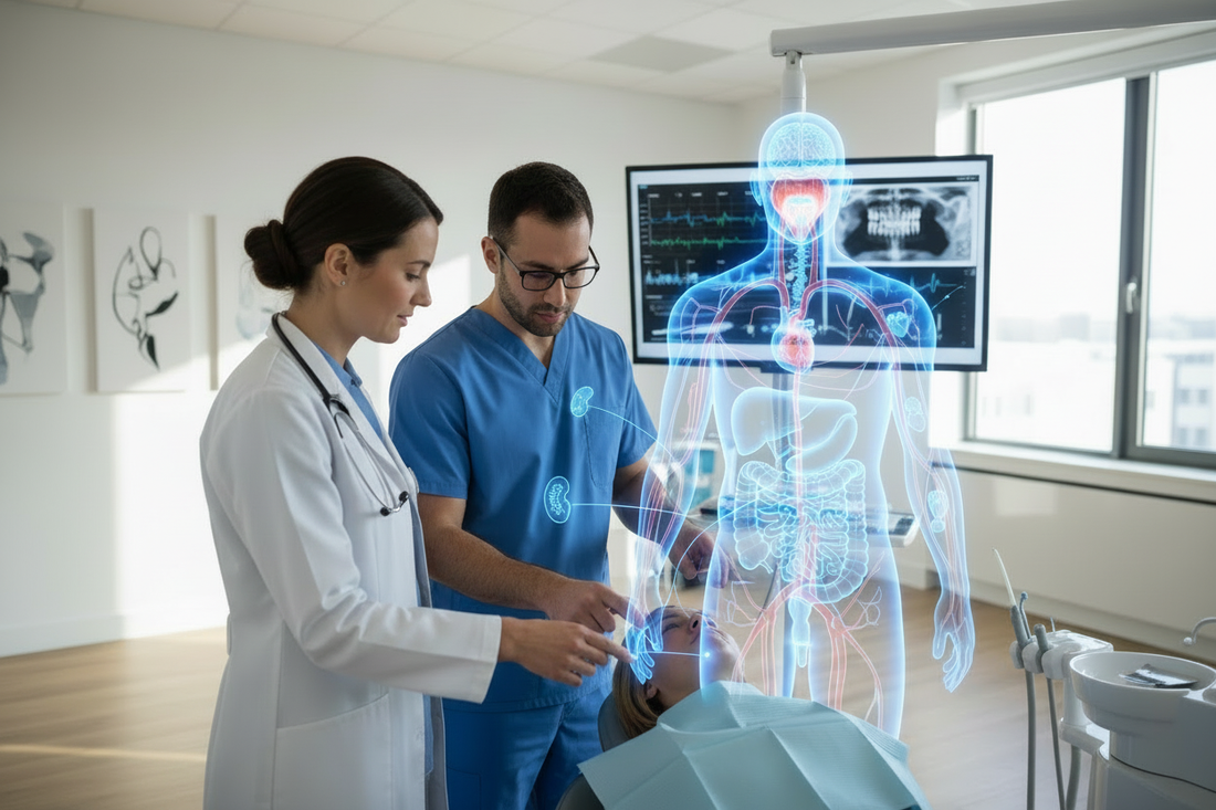 A doctor and a dentist collaborating in a modern clinic, reviewing a patient with a transparent holographic human body showing the mouth and internal organs.