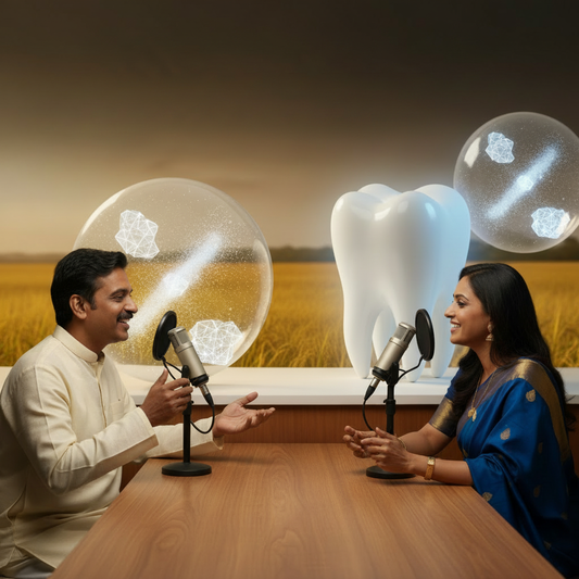 Two Indian podcast hosts in studio discussing rice husk ash science with subtle tooth crystal and rice field background.
