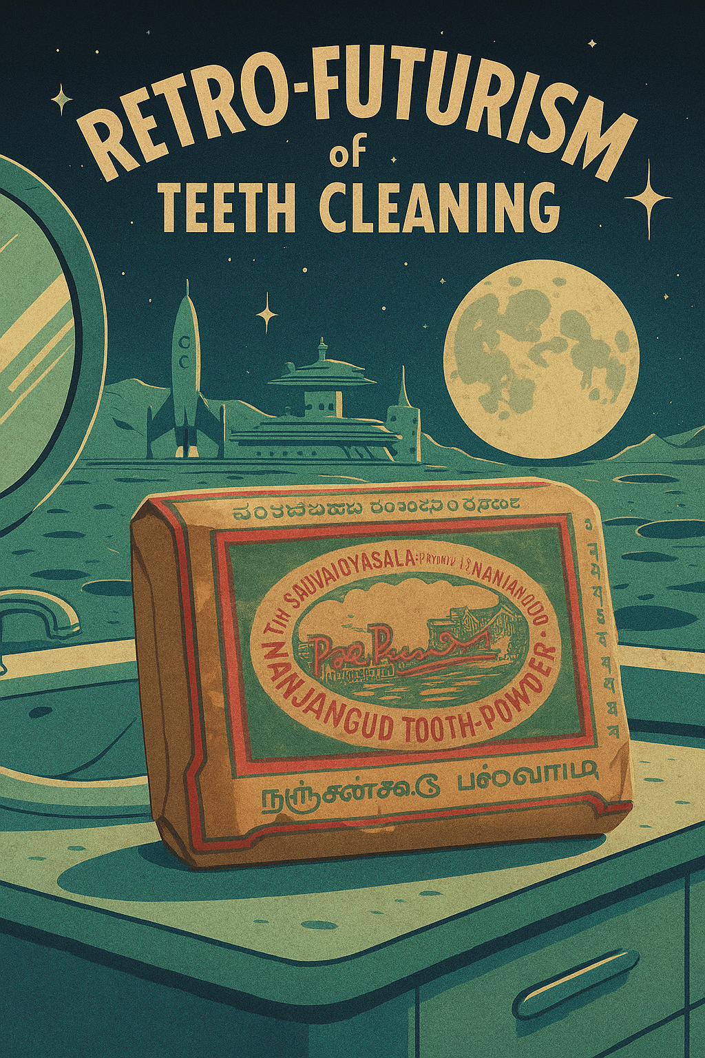Futuristic artwork of vintage tooth powder on a spaceship, with stars, the moon, and a rocket. The text reads "Retro-Futurism of Teeth Cleaning."