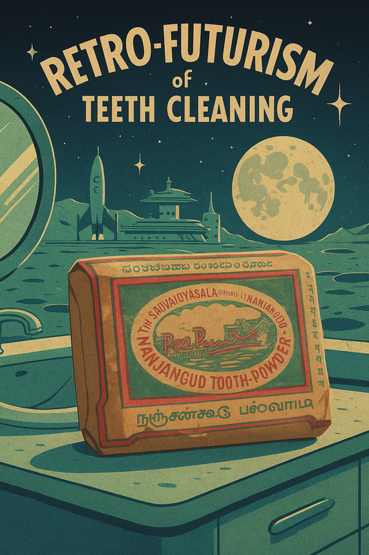Futuristic artwork of vintage tooth powder on a spaceship, with stars, the moon, and a rocket. The text reads "Retro-Futurism of Teeth Cleaning."