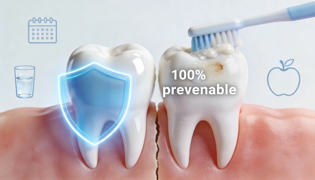 A clean white tooth divided into healthy and early‑decay sides, with a soft toothbrush brushing away plaque and the words “100% preventable” highlighted near the cavity area, against a bright clinical background suggesting healthy daily habits.
