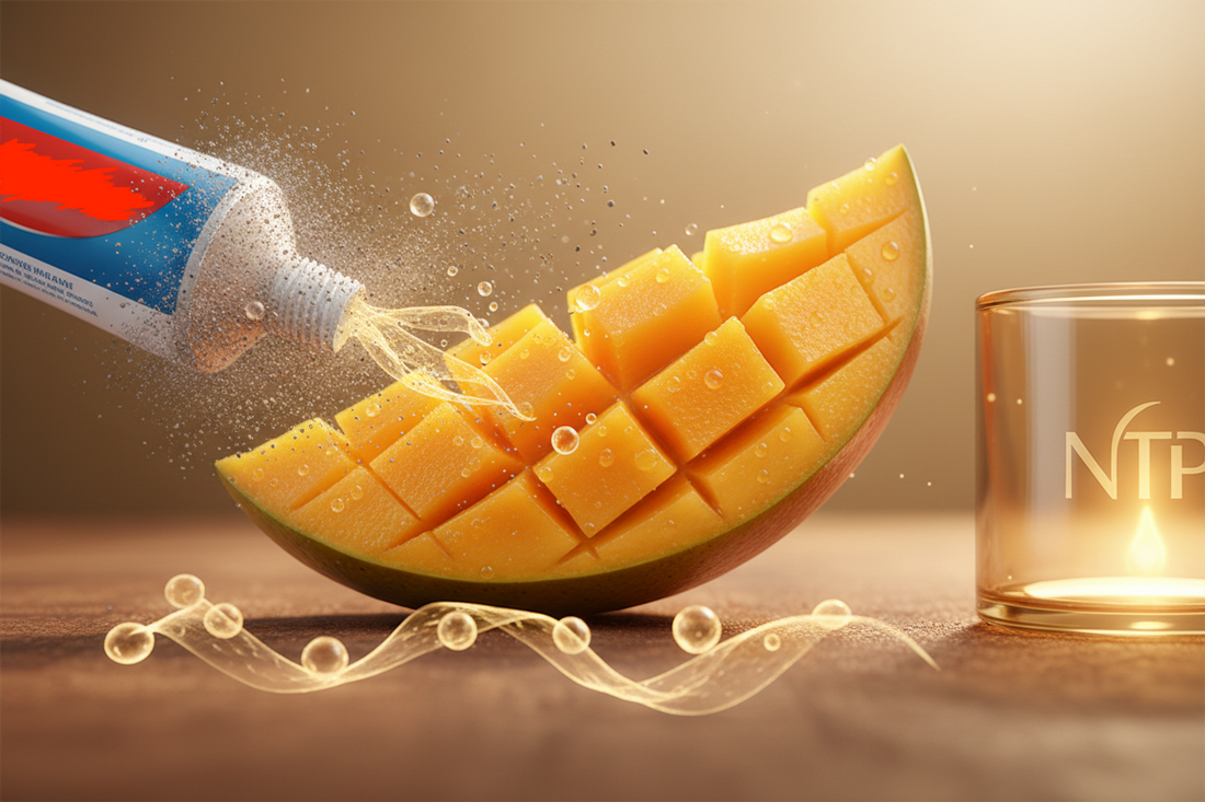 Ripe mango slice bursting with juice against rice husk ash powder and fading toothpaste tube, illustrating enhanced flavor perception after Nanjangud Tooth Powder